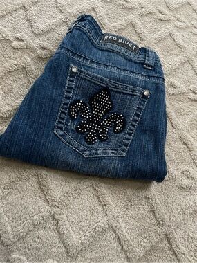 Red Rivet Dark Blue Boot Cut Jeans with Studded Fleur-de-Lis Pocket Size 13 Jr